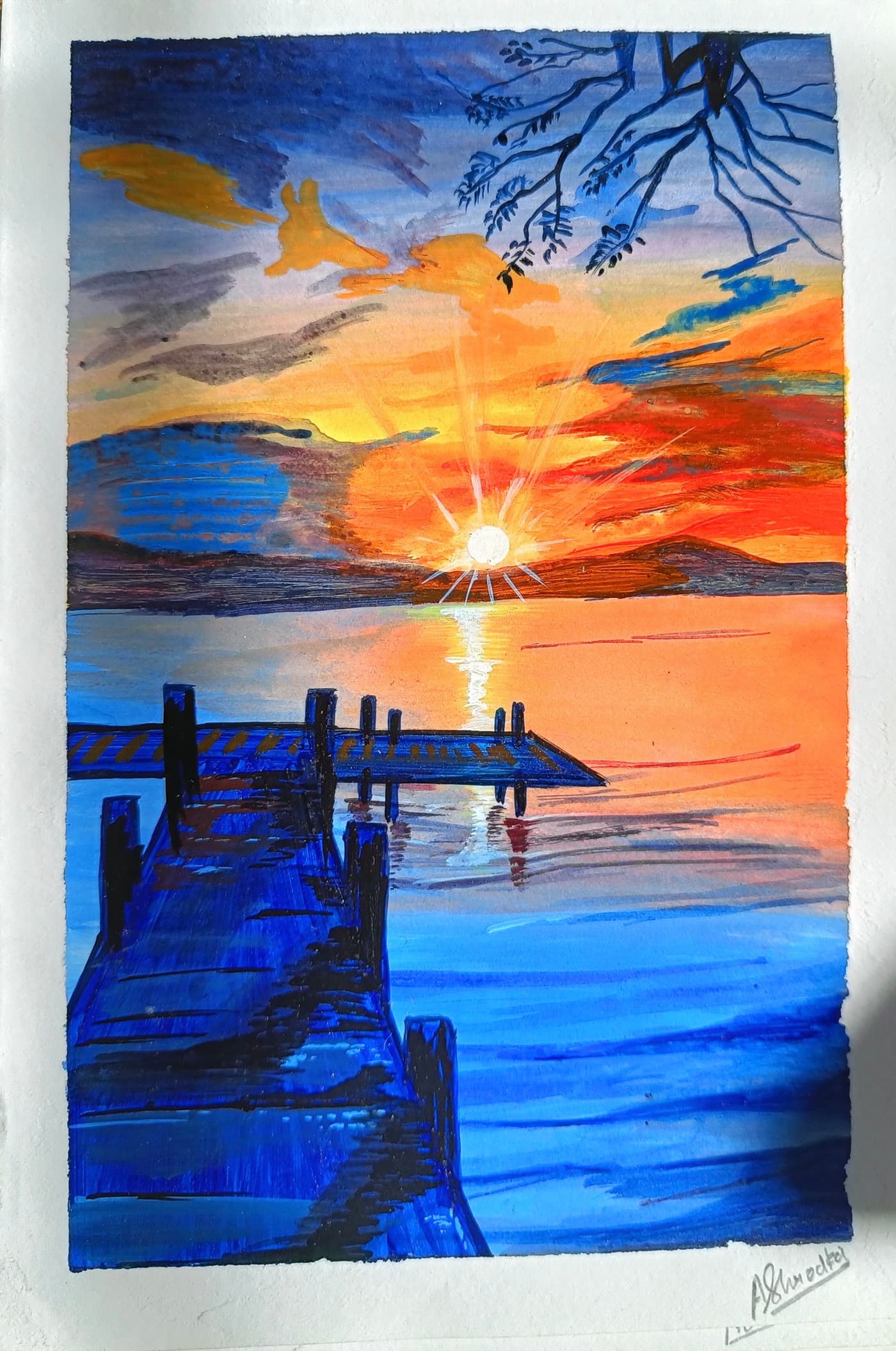 Painting of a sunset reflected on water beside a wooden pier.