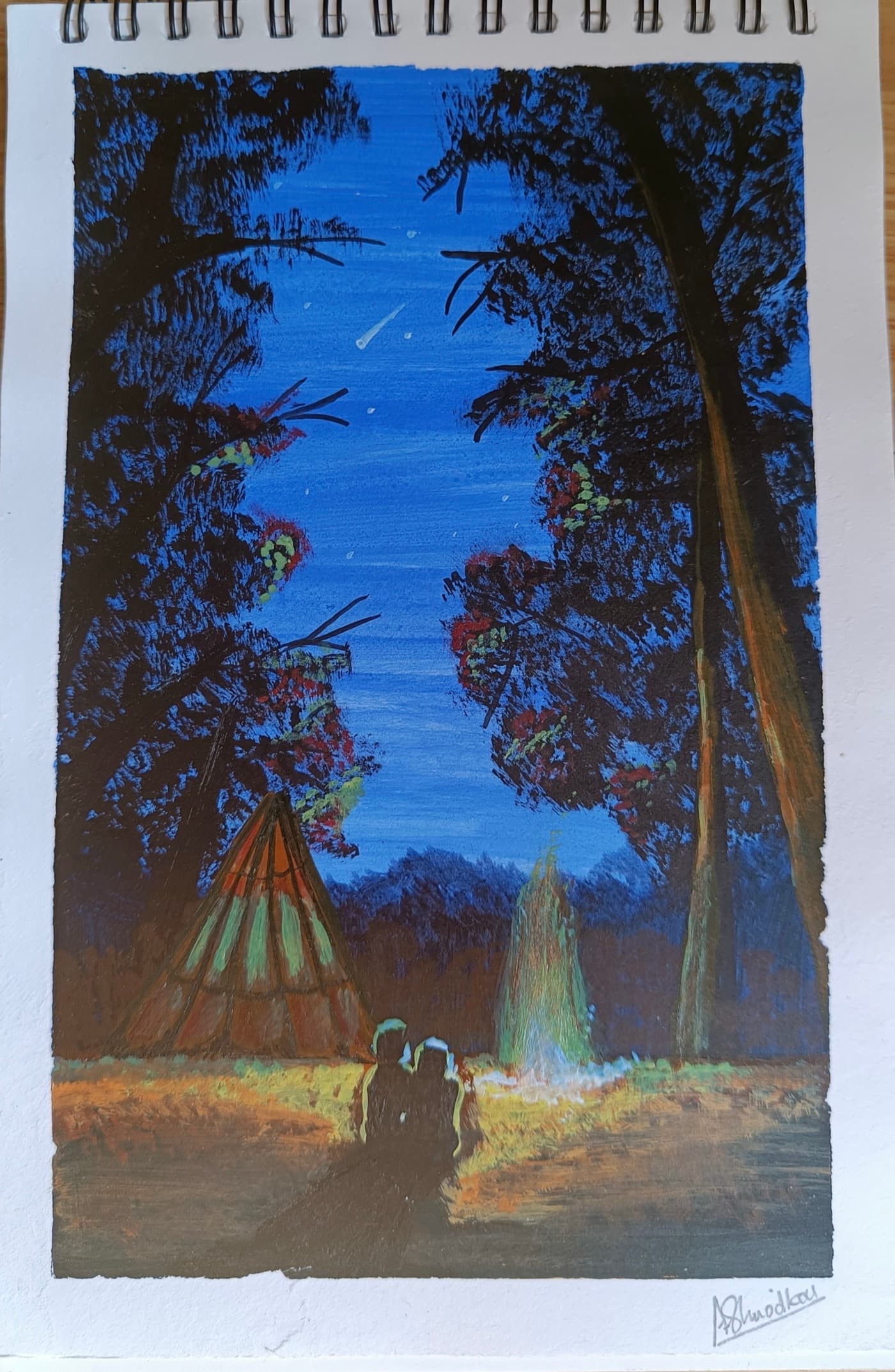 Painting of a forest campsite beneath a blue night sky and shooting star.