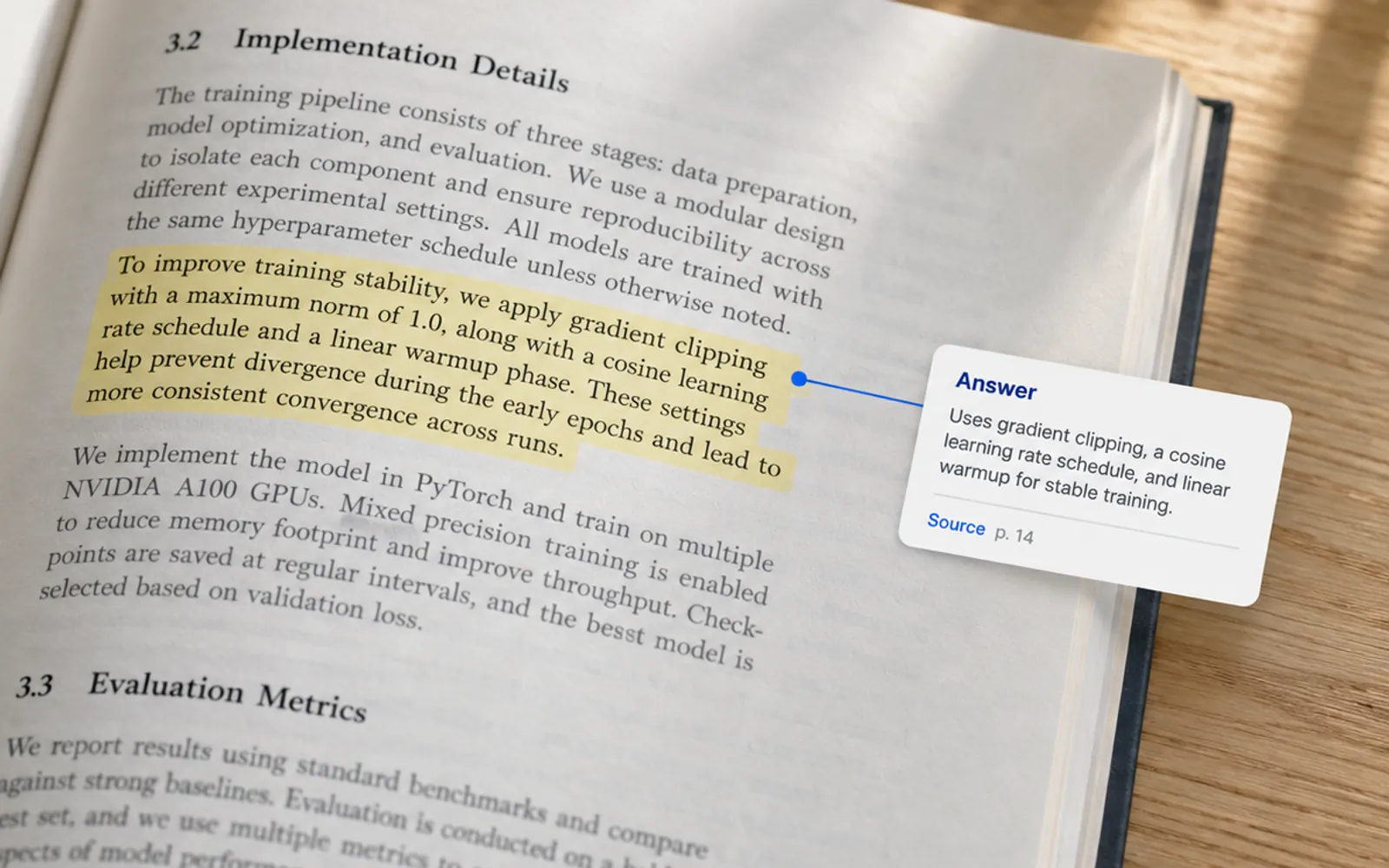 Illustration. An open printed document with a paragraph picked out in highlighter, and a small answer card beside it linked back to that paragraph and citing a page number.
