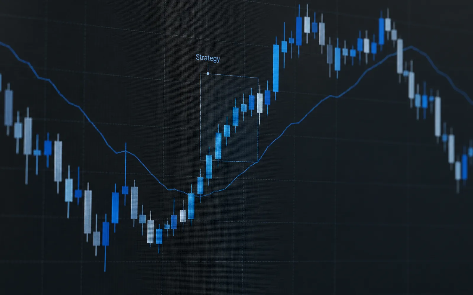 Illustration. A close crop of a candlestick market chart against a dark grid, with one stretch of it marked out by a faint rectangle labelled as a strategy.
