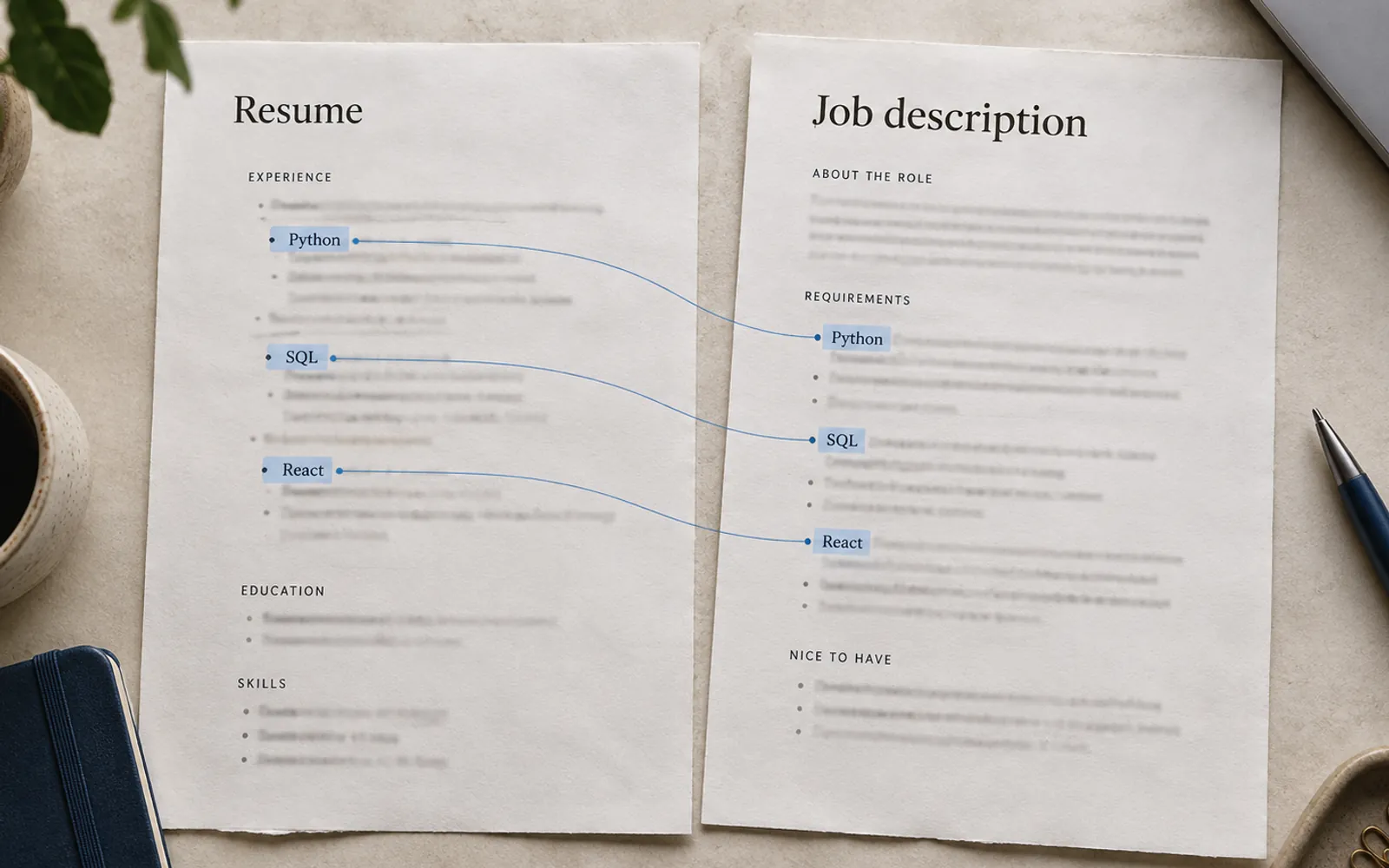 Illustration. A resume and a job description lying side by side, with thin lines drawn from three skills on one sheet to the same skills listed on the other.