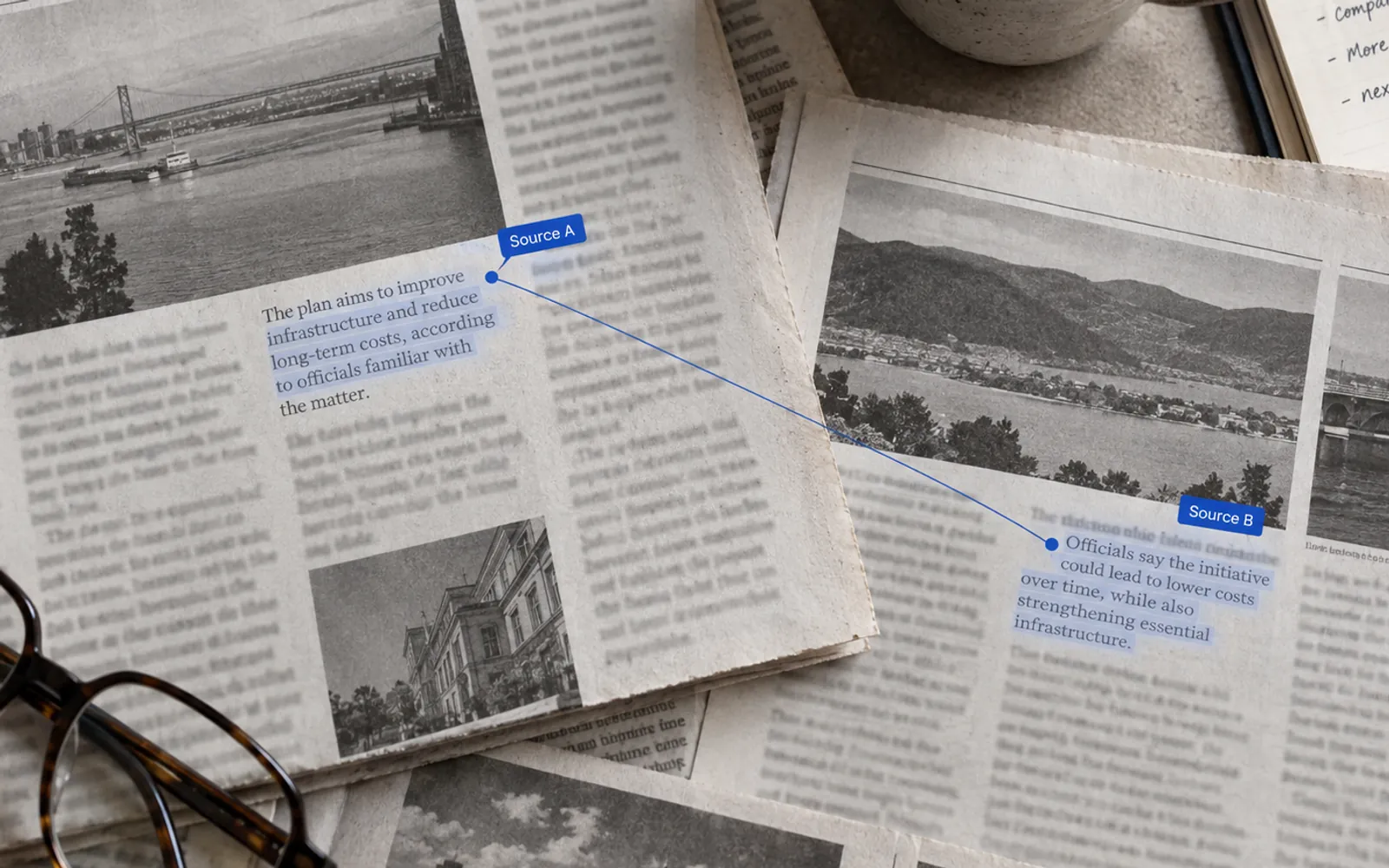 Illustration. Overlapping newspaper clippings on a desk, with a passage on one sheet and a passage on another each tagged as a separate source and joined by a thin line.