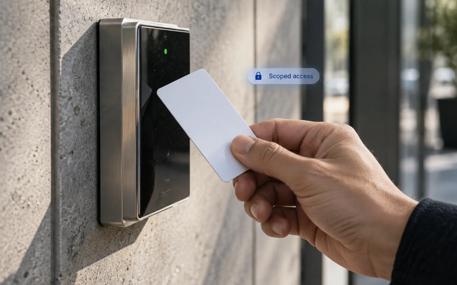 Illustration. A blank white card held up to a wall-mounted access reader showing a green light, with a small padlocked label reading scoped access beside it.